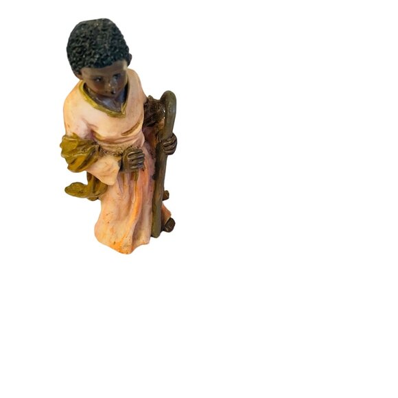 Handcrafted 5" Resin Figurine Of Shepherd Boy Holding Staff In Orange Robes 5" - Picture 5 of 11